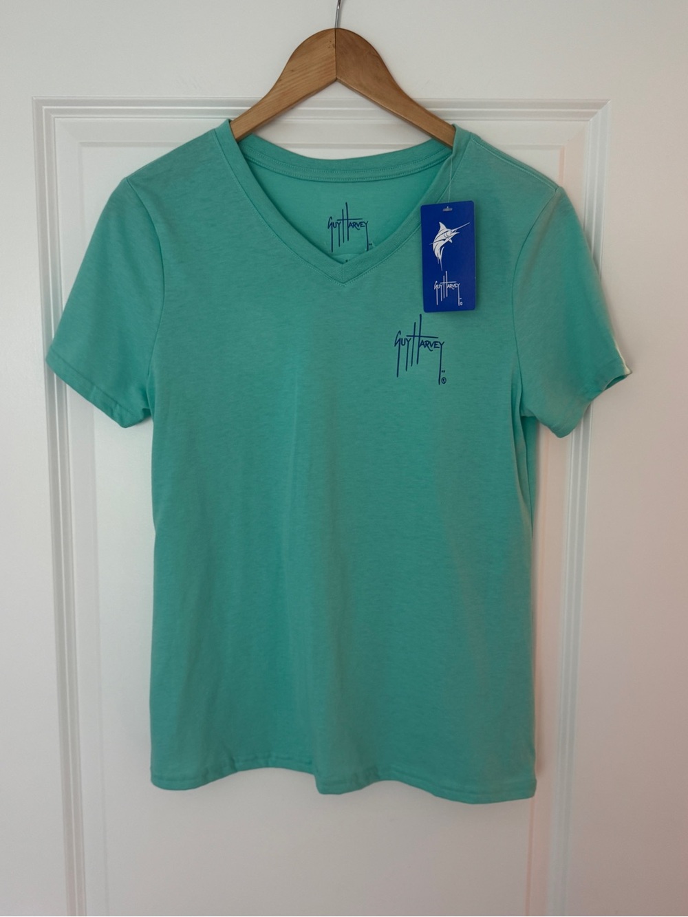 Guy Harvey Seafoam Blue V-Neck Tee with Lobster Graphic on Back